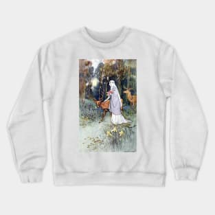 Woman Walking Through the Woods with a Timid Dun Deer - Warwick Goble Crewneck Sweatshirt